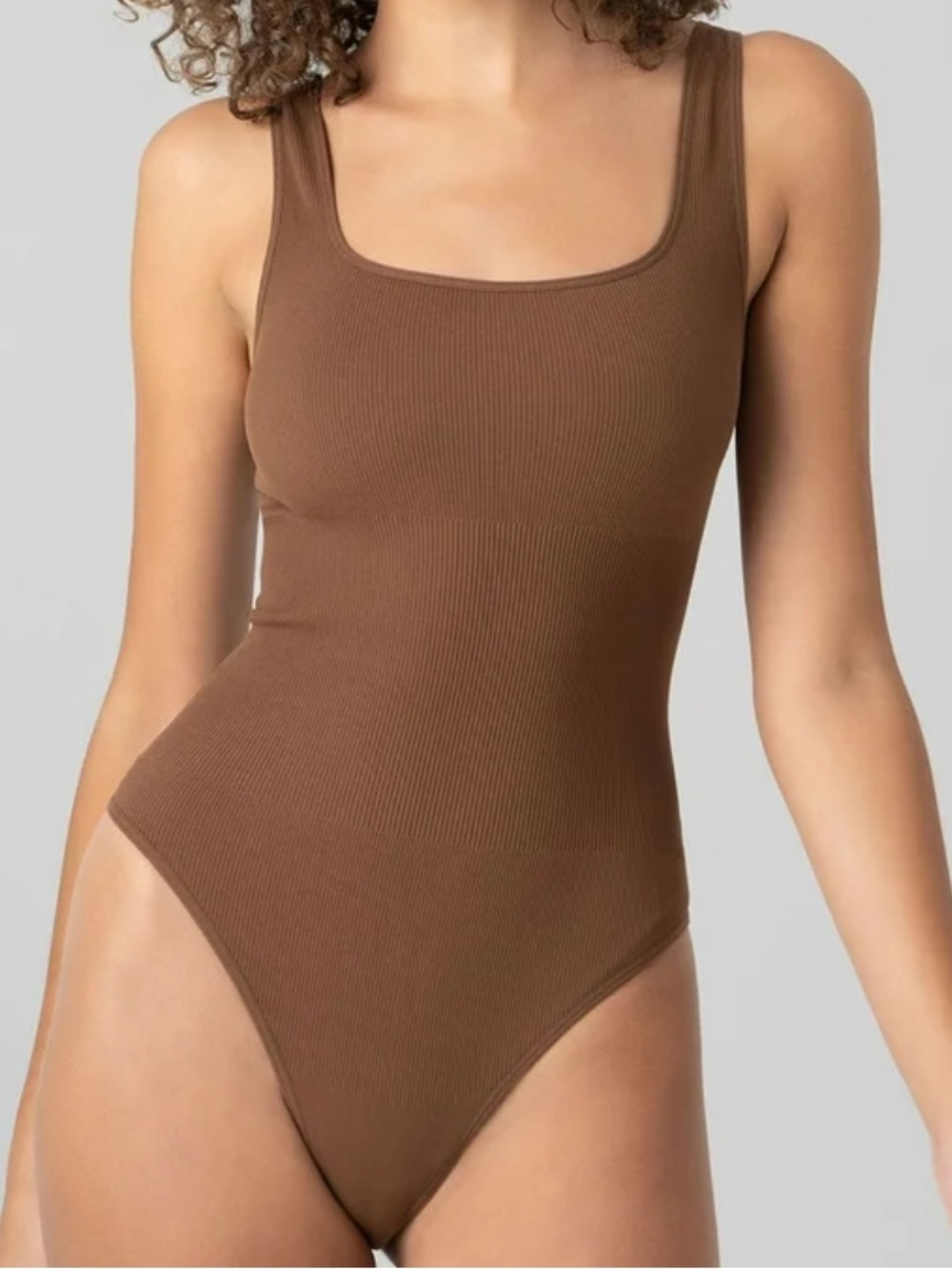 SKIMS Ribbed Square-Neck Bodysuit in Brown